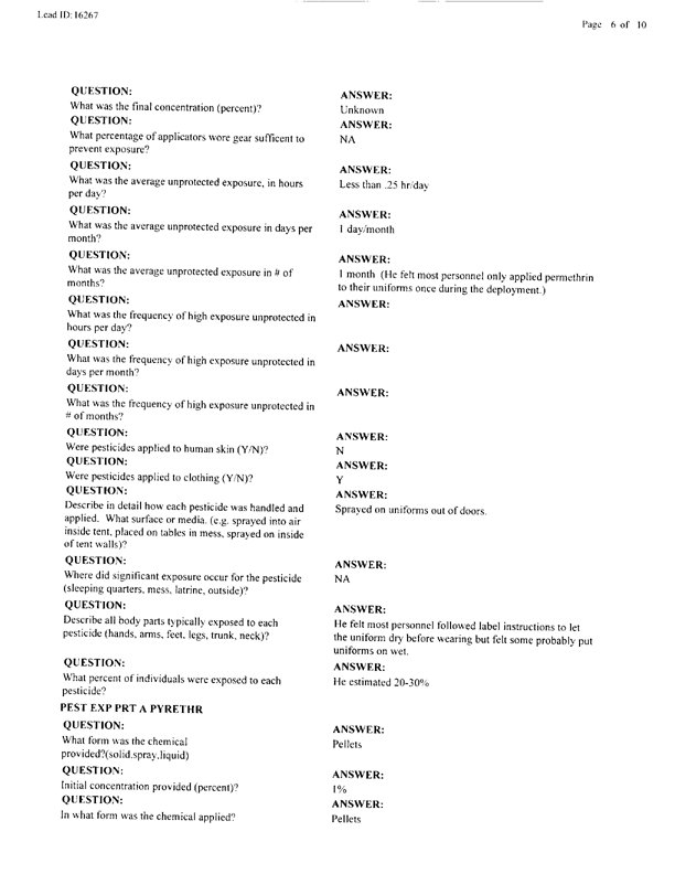 Lead Sheet #16267, Interview with a Navy Bureau of Medicine team entomologist, April 29, 1998.