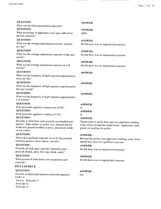 Lead Sheet #16267, Interview with a Navy Bureau of Medicine team entomologist, April 29, 1998.