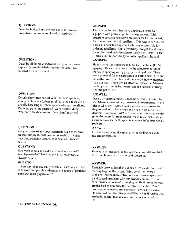 Lead Sheet #16267, Interview with a Navy Bureau of Medicine team entomologist, April 29, 1998.