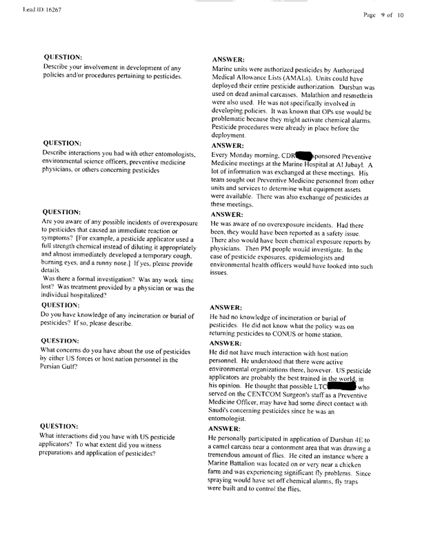 Lead Sheet #16267, Interview with a Navy Bureau of Medicine team entomologist, April 29, 1998.