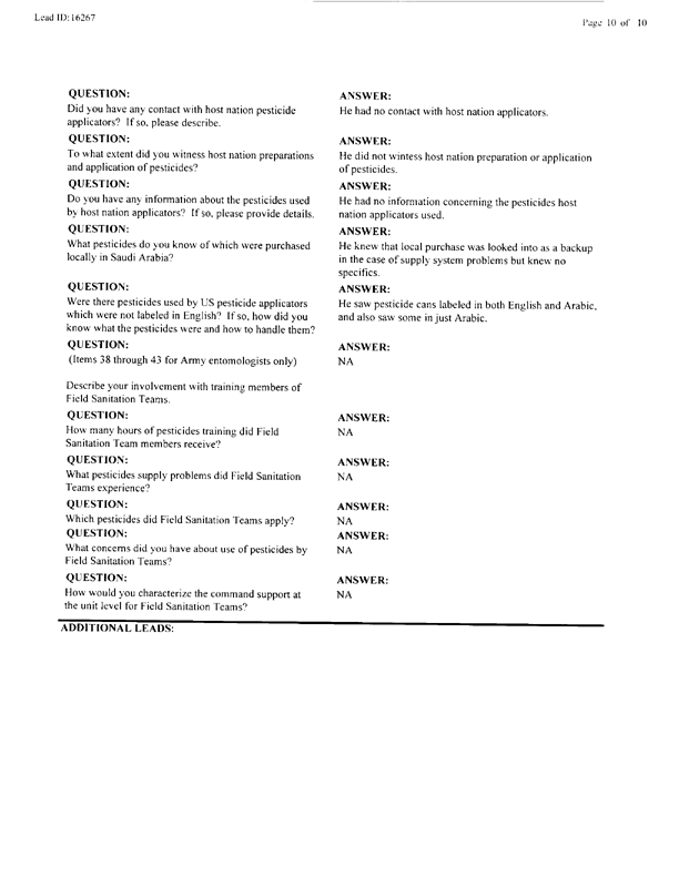 Lead Sheet #16267, Interview with a Navy Bureau of Medicine team entomologist, April 29, 1998.