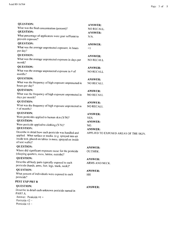   Lead Sheet #16769, Interview with 14th Medical Detachment preventive medicine specialist, June 12, 1998.