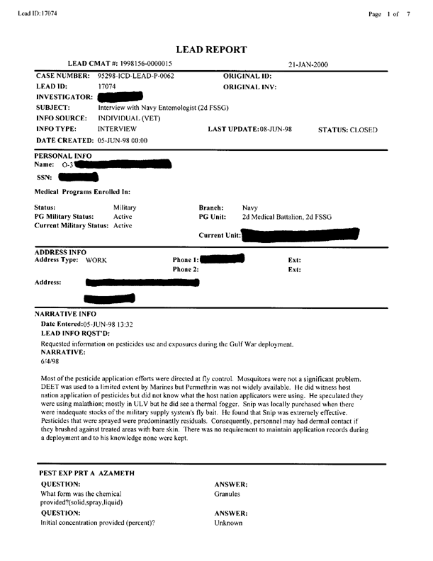 Lead Sheet #17074, Interview with 2nd Medical Battalion entomologist, June 5, 1998.
