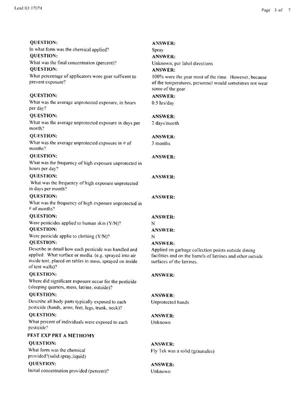 Lead Sheet #17074, Interview with 2nd Medical Battalion entomologist, June 5, 1998.