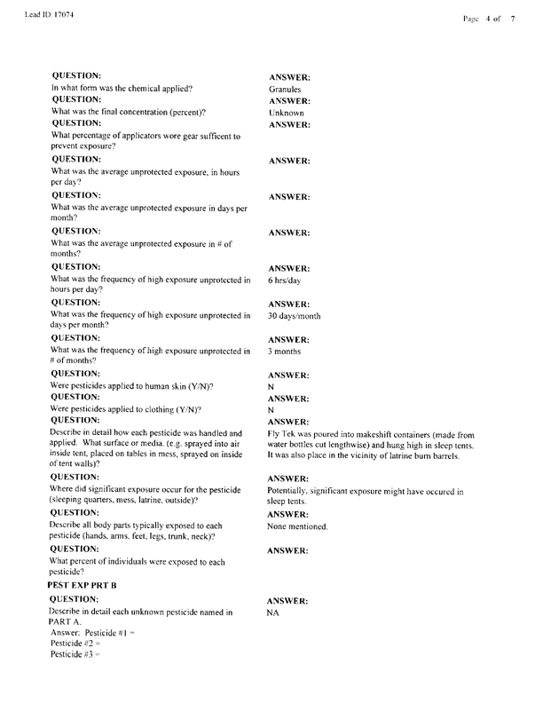 Lead Sheet #17074, Interview with 2nd Medical Battalion entomologist, June 5, 1998.