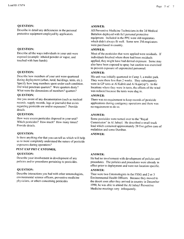 Lead Sheet #17074, Interview with 2nd Medical Battalion entomologist, June 5, 1998.