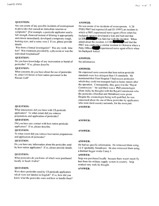 Lead Sheet #17074, Interview with 2nd Medical Battalion entomologist, June 5, 1998.