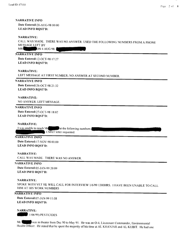 Lead Sheet #17155, Interview with 2nd Medical Battalion environmental health officer, January 6, 1998.