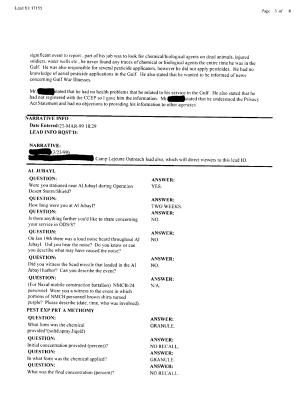 Lead Sheet #17155, Interview with 2nd Medical Battalion environmental health officer, January 6, 1998.