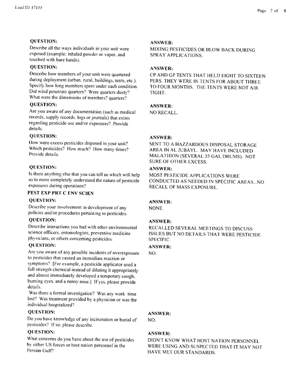 Lead Sheet #17155, Interview with 2nd Medical Battalion environmental health officer, January 6, 1998.