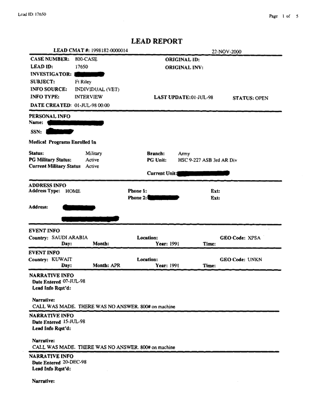   Lead Sheet #17650, Interview with 3rd Armored Division refueler, January 20, 1999.