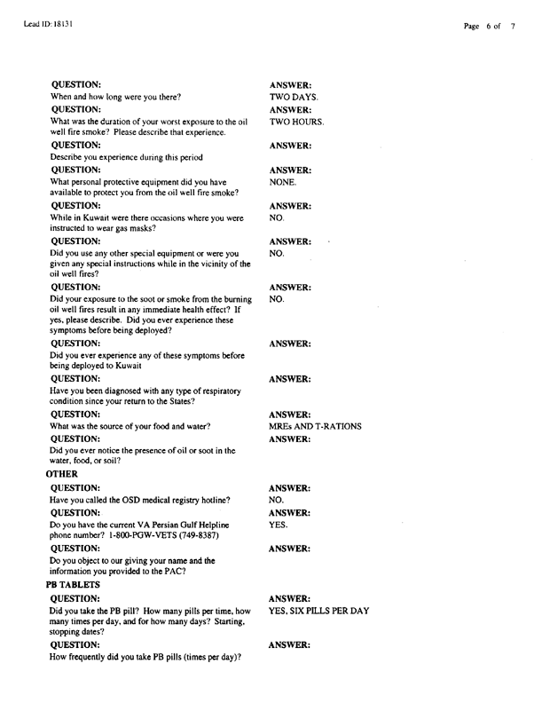   Lead Sheet #18131, Interview with 3rd Battalion, 504th Infantry squad leader, December 9, 1998.