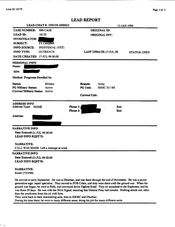   Lead Sheet #18170, Interview with Gulf War veteran, July 23, 1998, p. 3.