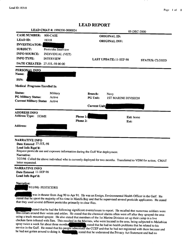   Lead Sheet #18318, Interview with 1st Marine Division entomologist, September 11, 1998.