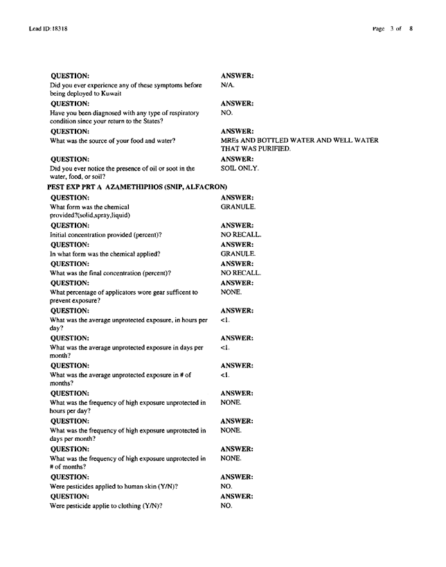   Lead Sheet #18318, Interview with 1st Marine Division entomologist, September 11, 1998.