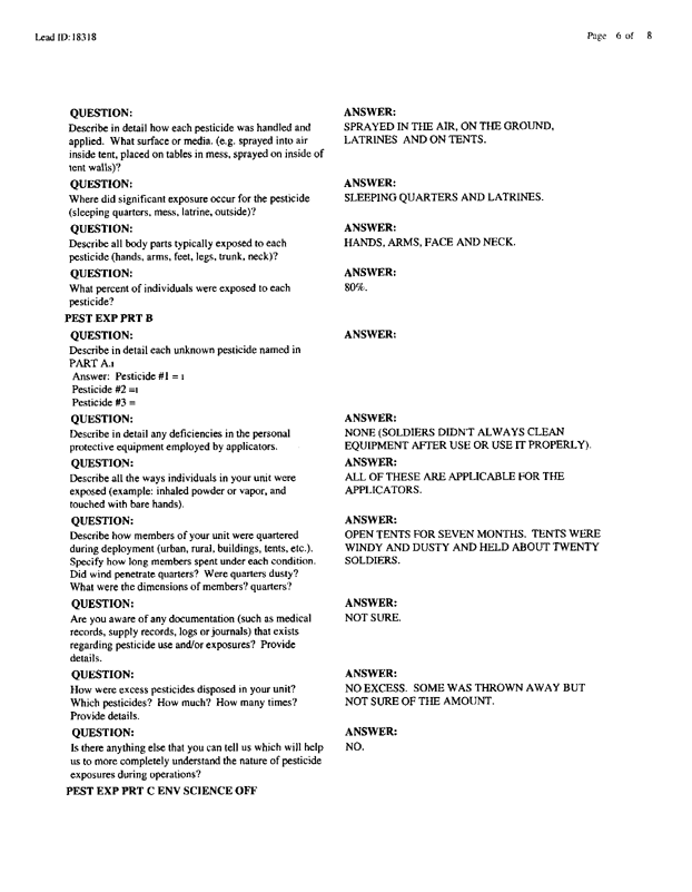   Lead Sheet #18318, Interview with 1st Marine Division entomologist, September 11, 1998.