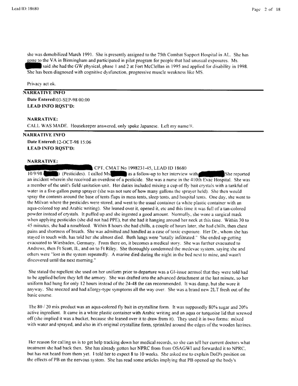 Lead Sheet 18680, Interview with Army member, January 12, 2000.