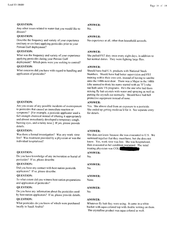 Lead Sheet 18680, Interview with Army member, January 12, 2000.