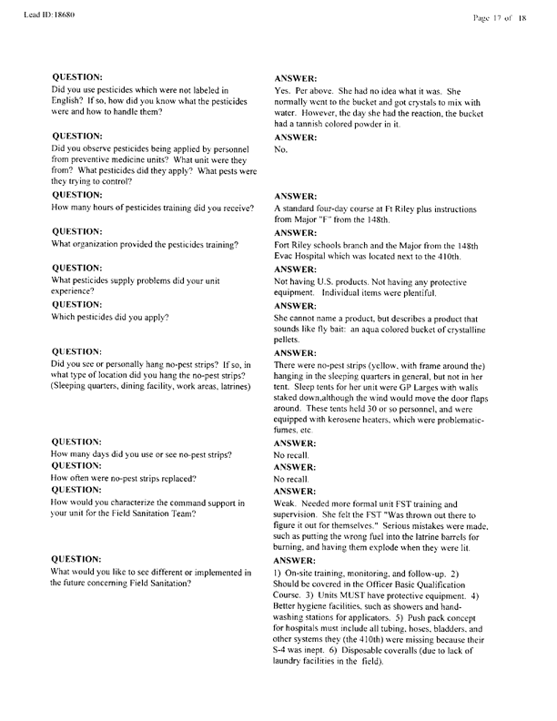 Lead Sheet 18680, Interview with Army member, January 12, 2000.