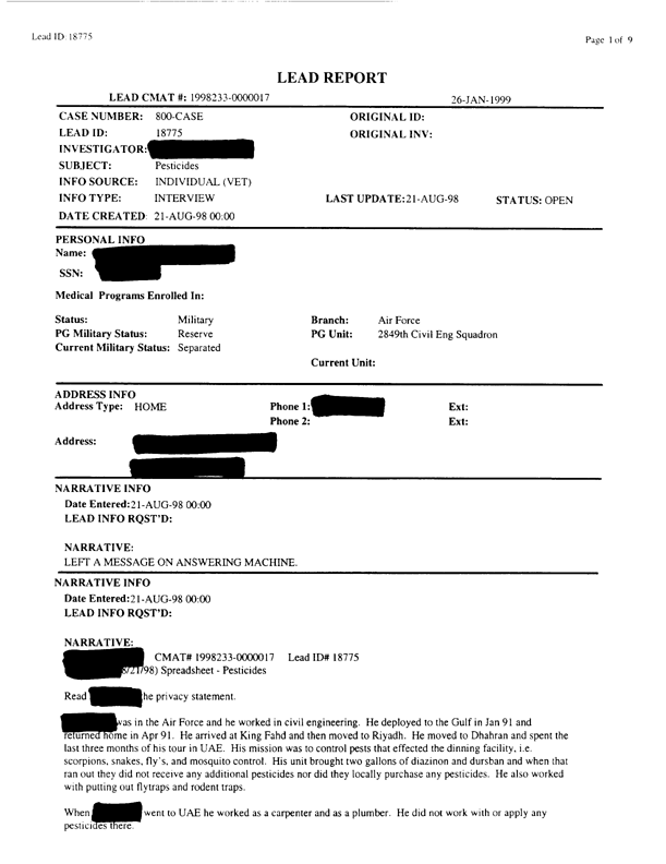   Lead Sheet #18775, Interview with 2849th Civil Engineering Squadron Minhad AB, UAE pest controller, August 21, 1998.