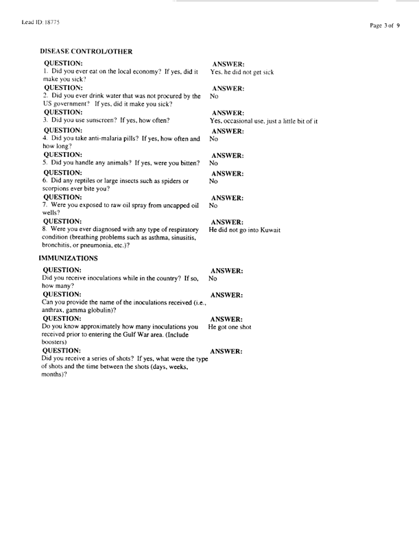   Lead Sheet #18775, Interview with 2849th Civil Engineering Squadron Minhad AB, UAE pest controller, August 21, 1998.