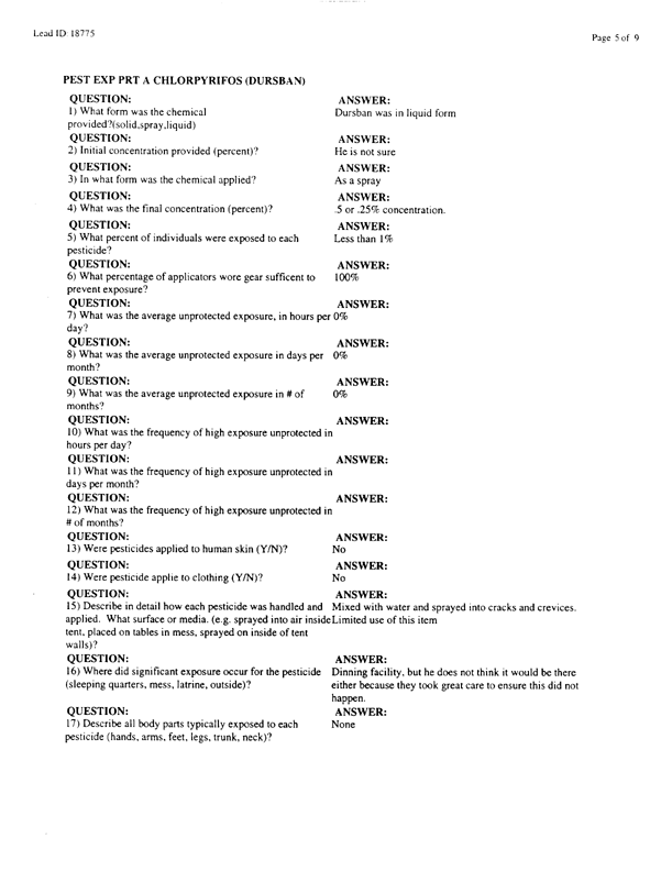   Lead Sheet #18775, Interview with 2849th Civil Engineering Squadron Minhad AB, UAE pest controller, August 21, 1998.