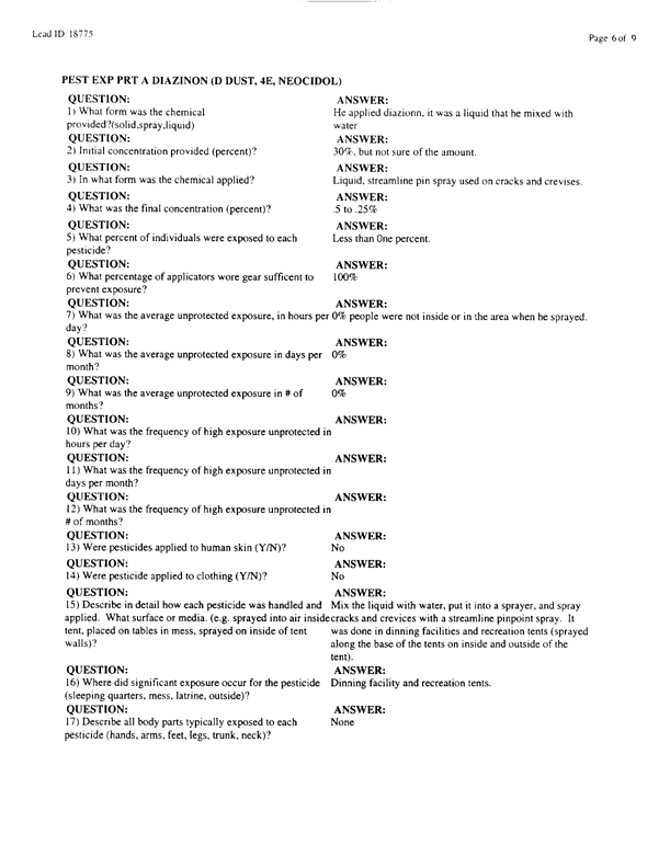   Lead Sheet #18775, Interview with 2849th Civil Engineering Squadron Minhad AB, UAE pest controller, August 21, 1998.