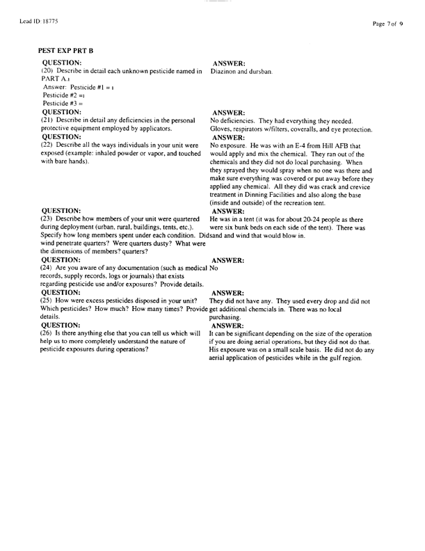  Lead Sheet #18775, Interview with 2849th Civil Engineering Squadron Minhad AB, UAE pest controller, August 21, 1998.