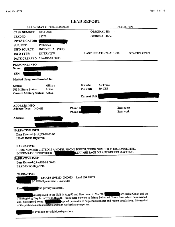   Lead Sheet #18779, Interview with 4th Civil Engineering Squadron Al Kharj Airport pest controller, August 25, 1998.