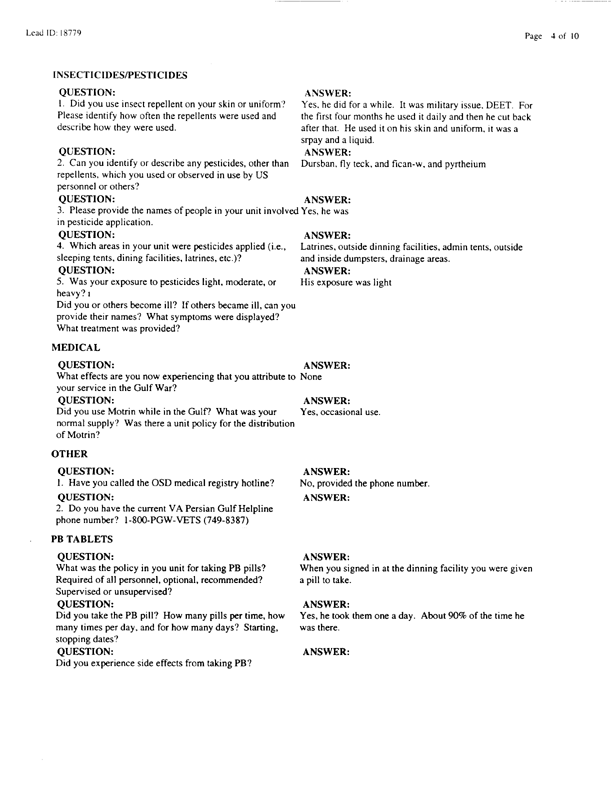   Lead Sheet #18779, Interview with 4th Civil Engineering Squadron Al Kharj Airport pest controller, August 25, 1998.