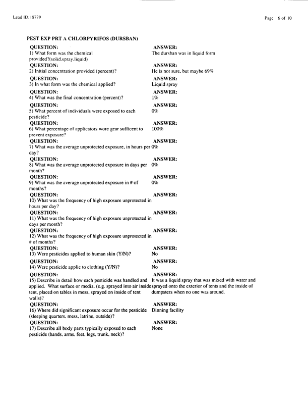   Lead Sheet #18779, Interview with 4th Civil Engineering Squadron Al Kharj Airport pest controller, August 25, 1998.
