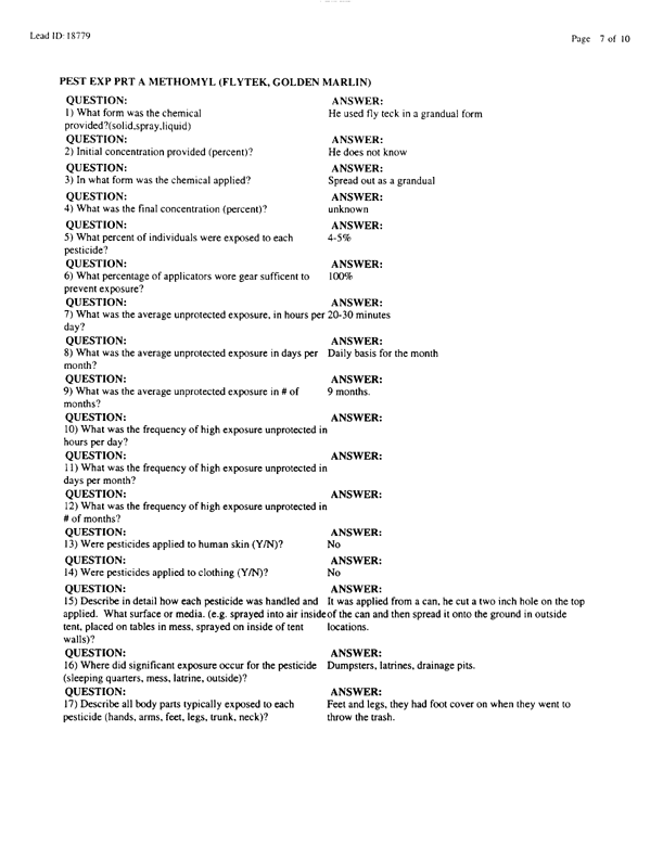   Lead Sheet #18779, Interview with 4th Civil Engineering Squadron Al Kharj Airport pest controller, August 25, 1998.