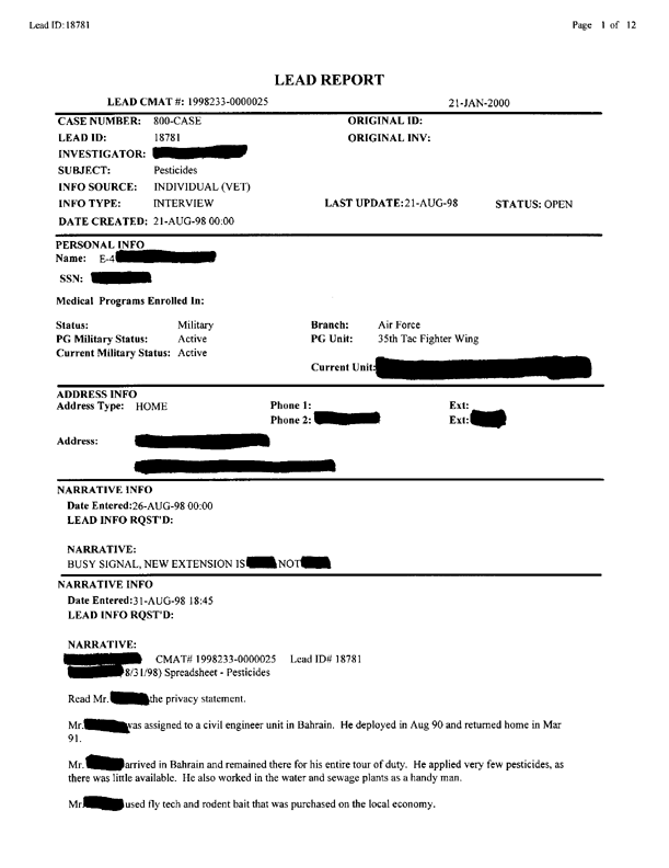   Lead Sheet #18781, Interview with 35th Tactical Fighter Wing pest controller, February 22, 1999.