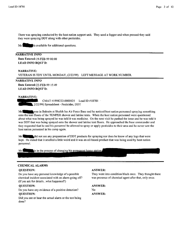   Lead Sheet #18781, Interview with 35th Tactical Fighter Wing pest controller, February 22, 1999.