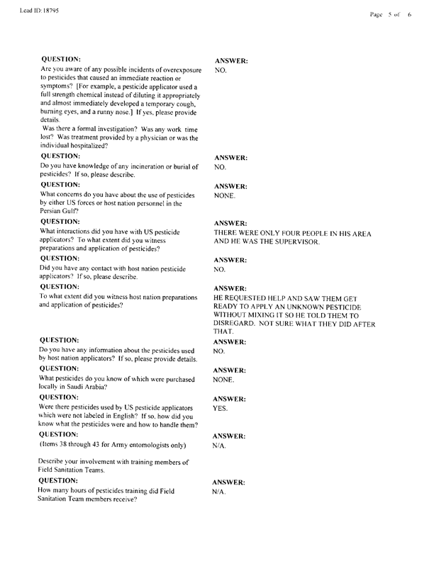   Lead Sheet #18795, Interview with 1st Civil Engineering Squadron Dhahran International Airport pest controller, September 1, 1998.