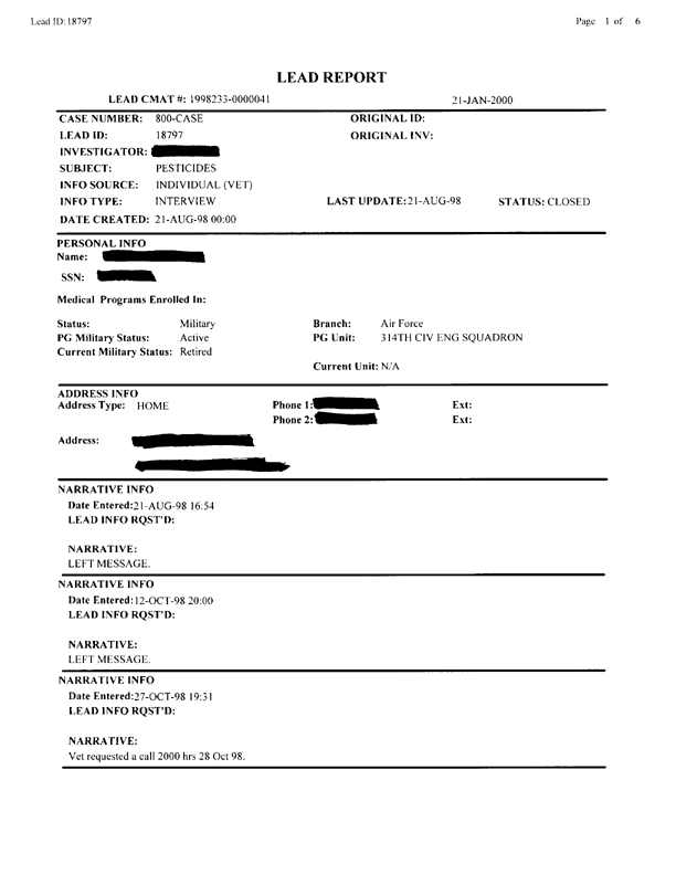   Lead Sheet #18797, Interview with 314th Civil Engineering Squadron Bateen, United Arab Emirates pest controller, October 28, 1998.