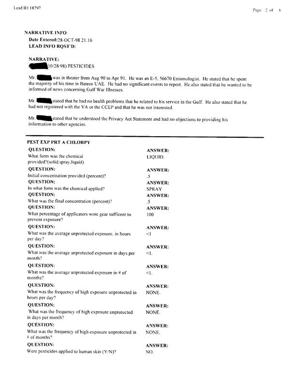   Lead Sheet #18797, Interview with 314th Civil Engineering Squadron Bateen, United Arab Emirates pest controller, October 28, 1998.