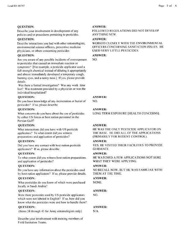   Lead Sheet #18797, Interview with 314th Civil Engineering Squadron Bateen, United Arab Emirates pest controller, October 28, 1998.