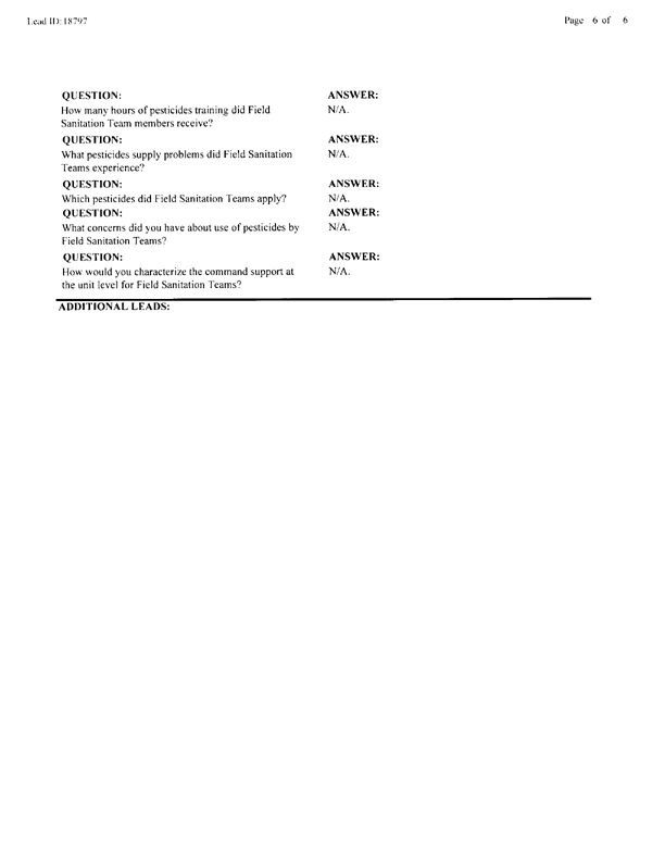   Lead Sheet #18797, Interview with 314th Civil Engineering Squadron Bateen, United Arab Emirates pest controller, October 28, 1998.