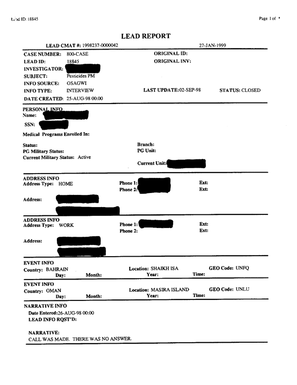   Lead Sheet #18845, Interview with 35th Tactical Fighter Wing pest controller, September 2, 1998.