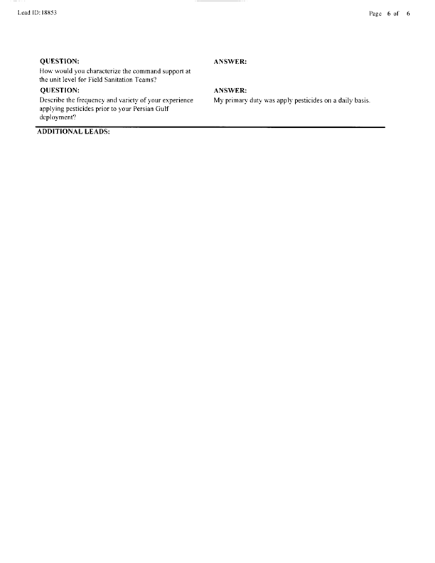  Lead Sheet #18853, Interview with 823rd Civil Engineering Squadron Riyadh International Airport pest controller, August 25, 1998.
