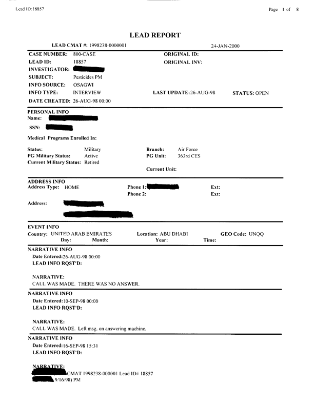 Lead Sheet #18857, Interview with 363rd Civil Engineering Squadron Al Dhafra, United Arab Emirates pest controller, August 28, 1998; 