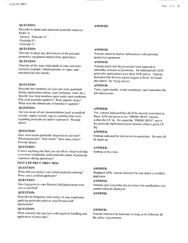 Lead Sheet #18857, Interview with 363rd Civil Engineering Squadron Al Dhafra, United Arab Emirates pest controller, August 28, 1998; 