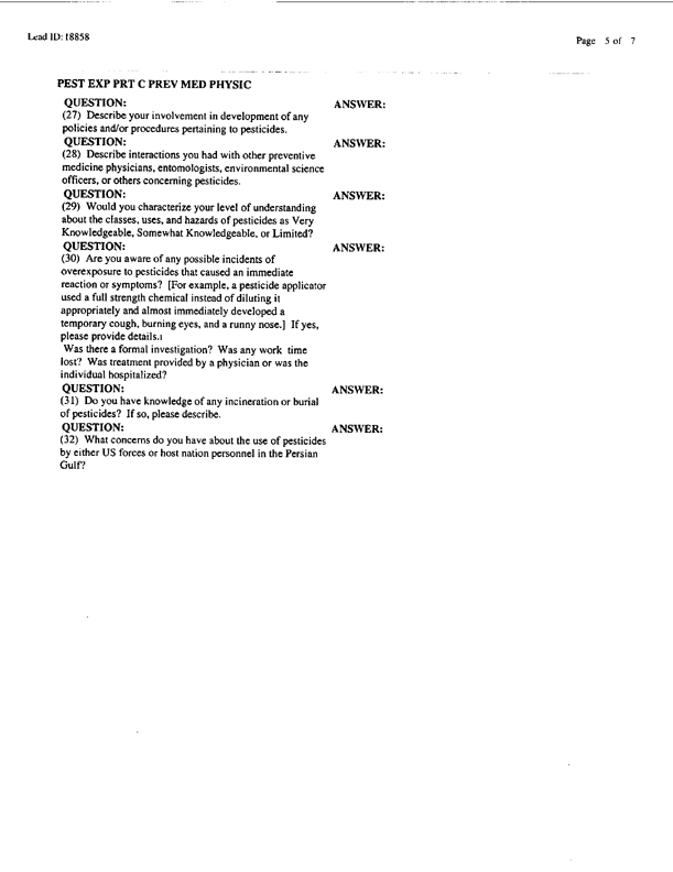 Lead Sheet #18858, Interview with an Air Force pest controller, September 11, 1998.