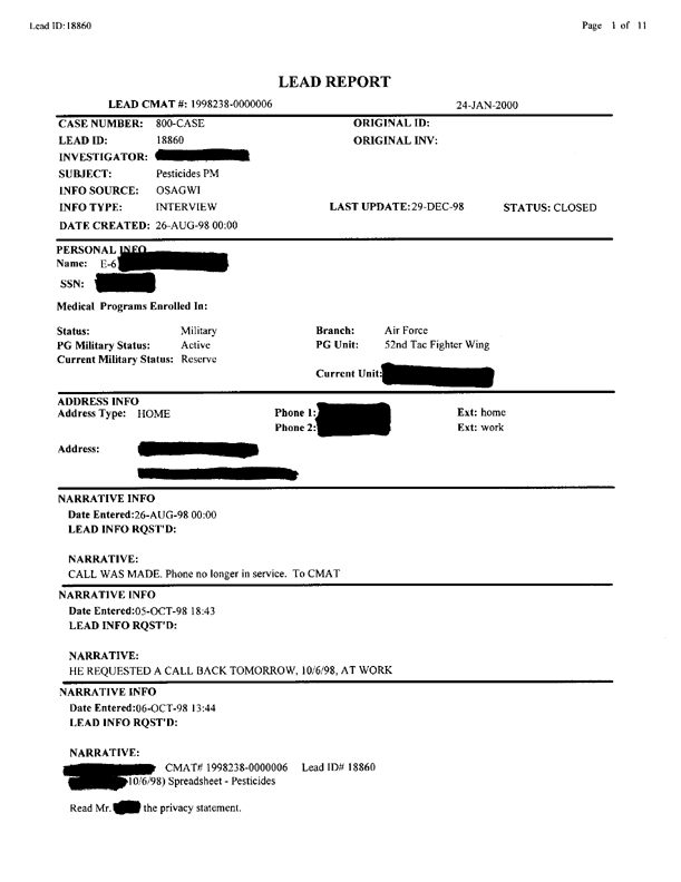   Lead Sheet #18860, Interview with 52nd Civil Engineering Squadron Doha INTL, QA pest controller, October 6, 1998.