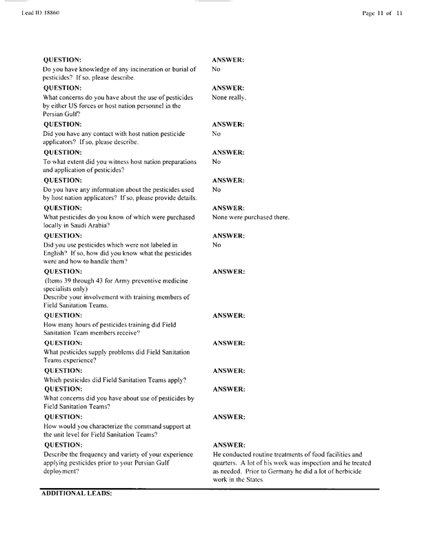   Lead Sheet #18860, Interview with 52nd Civil Engineering Squadron Doha INTL, QA pest controller, October 6, 1998.