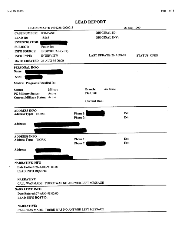   Lead Sheet #18865, Interview with 23rd Civil Engineering Squadron King Fahd International Airport pest controller, August 26, 1998.