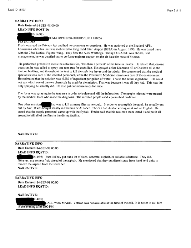  Lead Sheet #18865, Interview with 23rd Civil Engineering Squadron King Fahd International Airport pest controller, August 26, 1998.