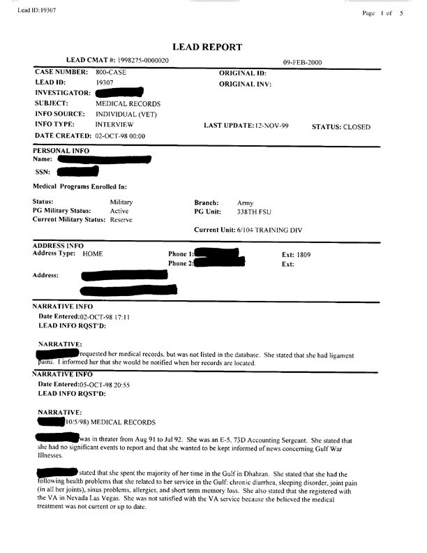   Lead Sheet #19307, Interview with 338th FSU Gulf War veteran, October 5, 1998.