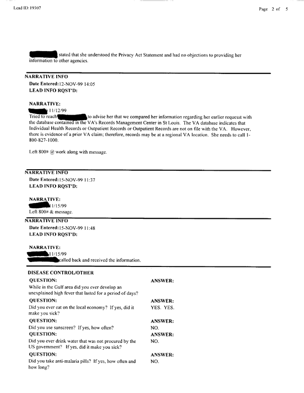   Lead Sheet #19307, Interview with 338th FSU Gulf War veteran, October 5, 1998.